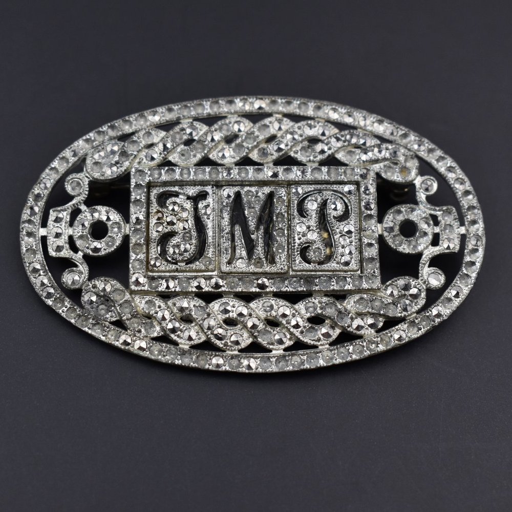 Silver monogram brooch pin, large oval brooch, old accent lapel pin